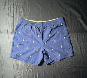 Polo Ralph Lauren All-Over Multi-Pony Logo Swim Trunks, Navy Blue yellow